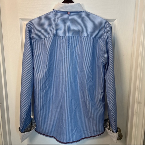 John Lennon Blue Striped Button-Up Men M Shirt White Collar Floral Embroidered - Picture 9 of 13